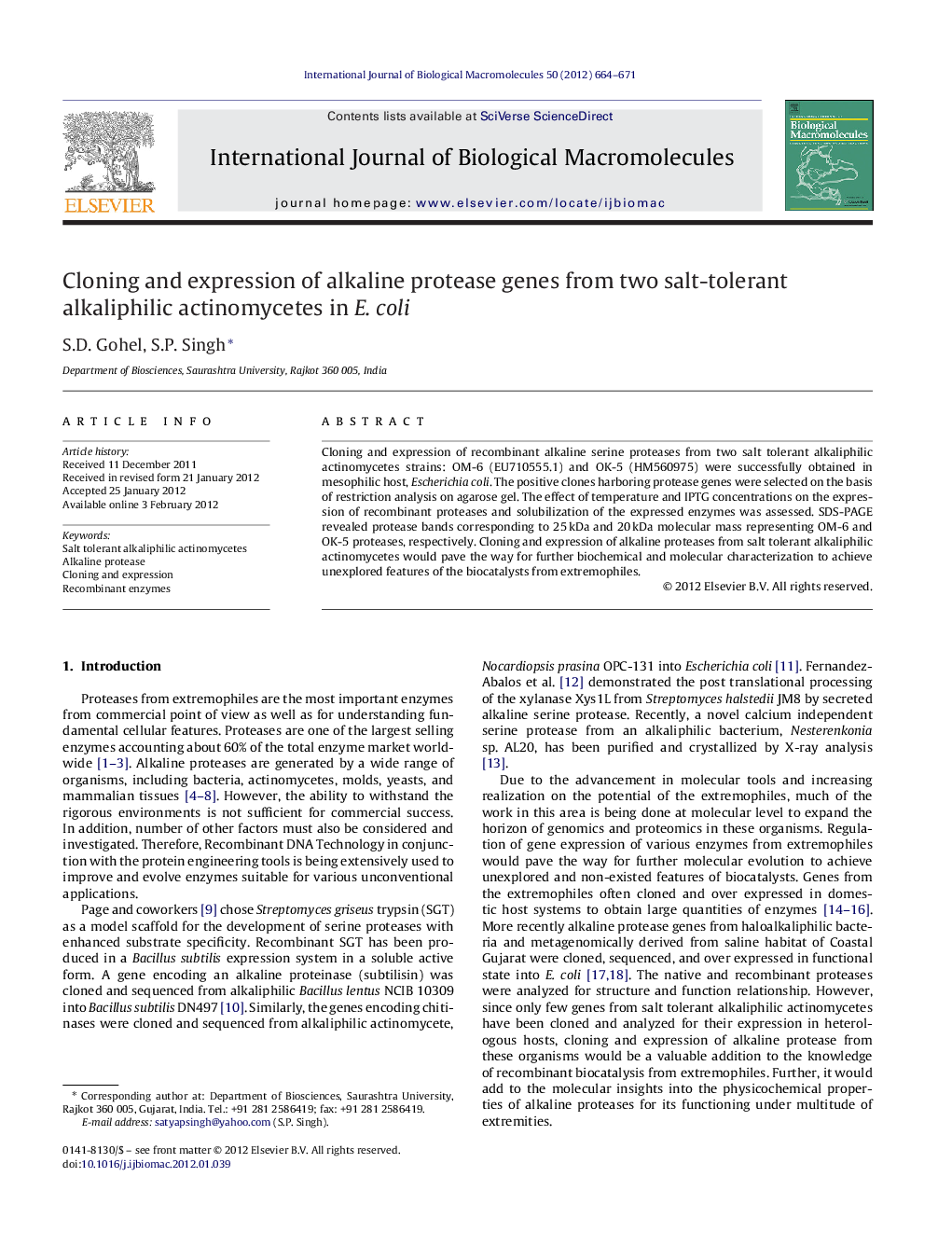 عکس صفحه اول مقاله: Cloning and expression of alkaline protease genes from two salt-tolerant alkaliphilic actinomycetes in E. coli Cloning and expression of alkaline protease genes from two salt-tolerant alkaliphilic actinomycetes in E. coli