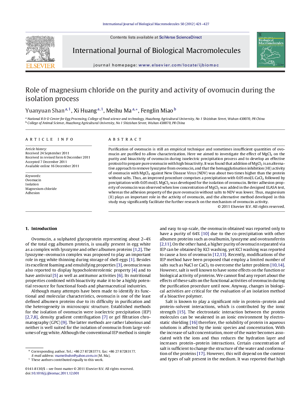 Role of magnesium chloride on the purity and activity of ovomucin during the isolation process