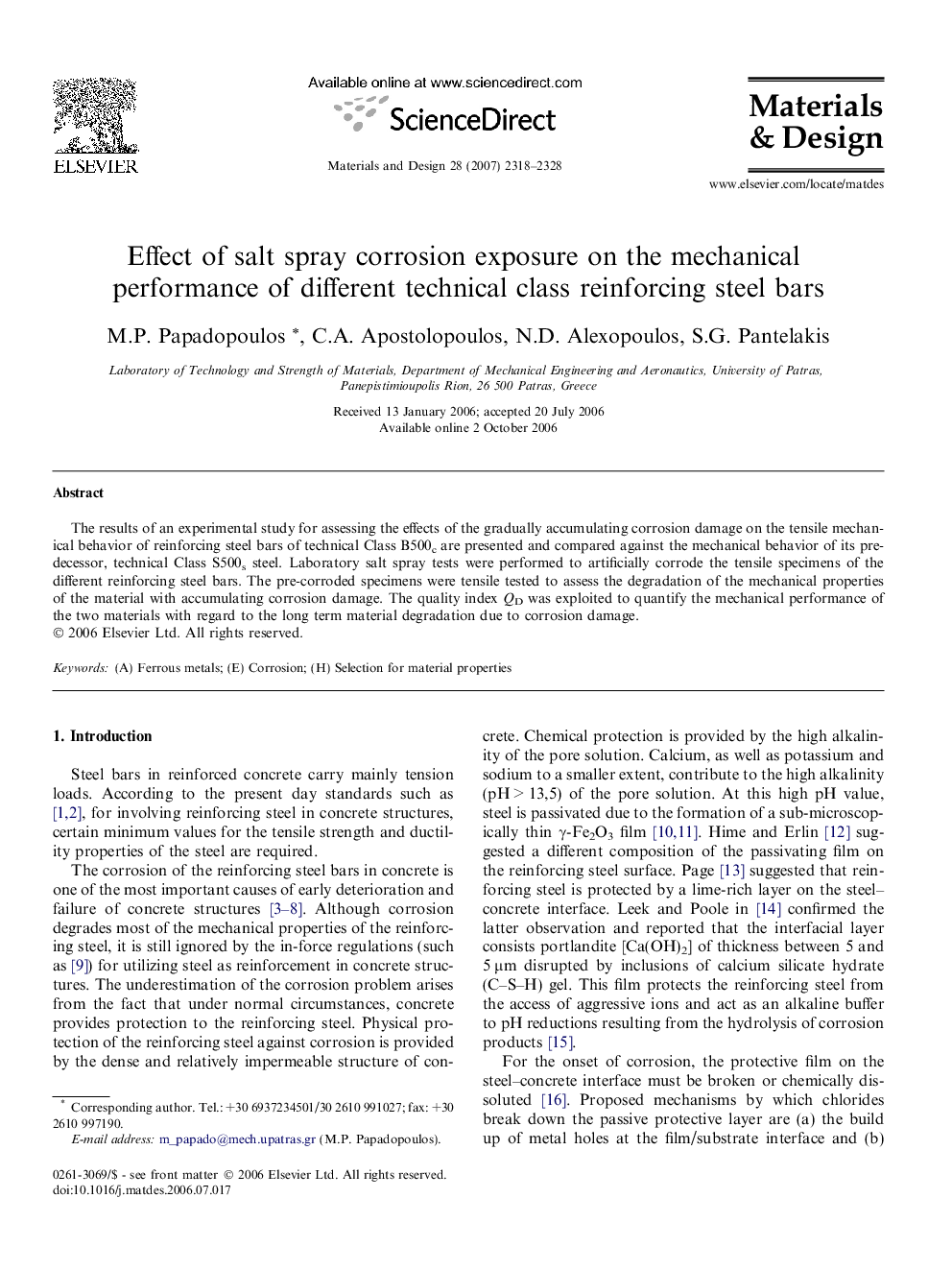 Effect of salt spray corrosion exposure on the mechanical performance of different technical class reinforcing steel bars