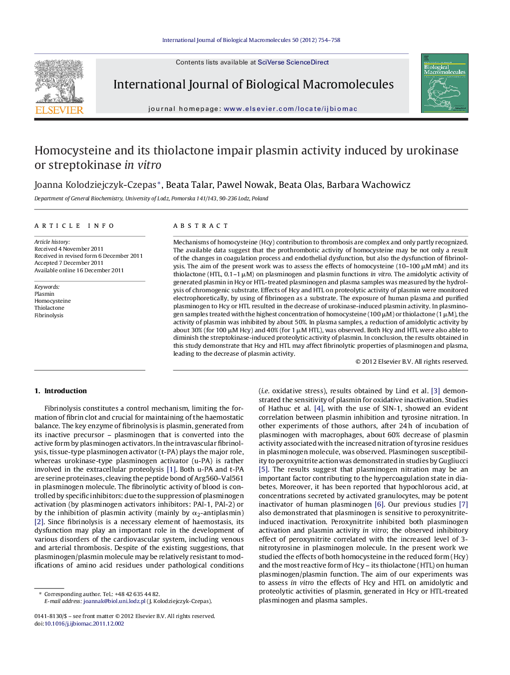 Homocysteine and its thiolactone impair plasmin activity induced by urokinase or streptokinase in vitro