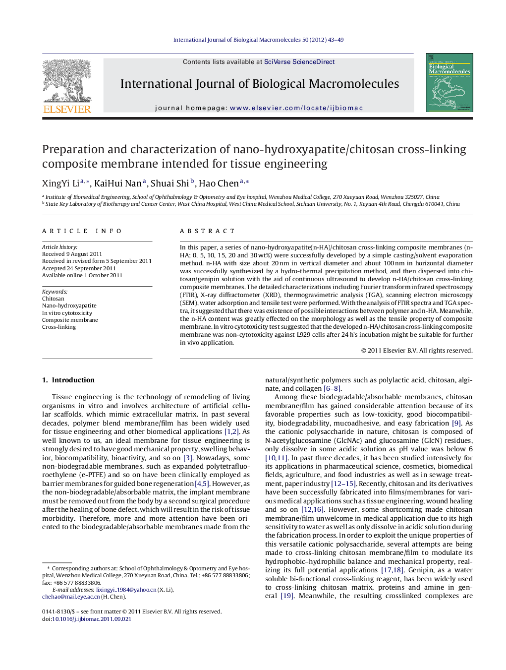 Preparation and characterization of nano-hydroxyapatite/chitosan cross-linking composite membrane intended for tissue engineering