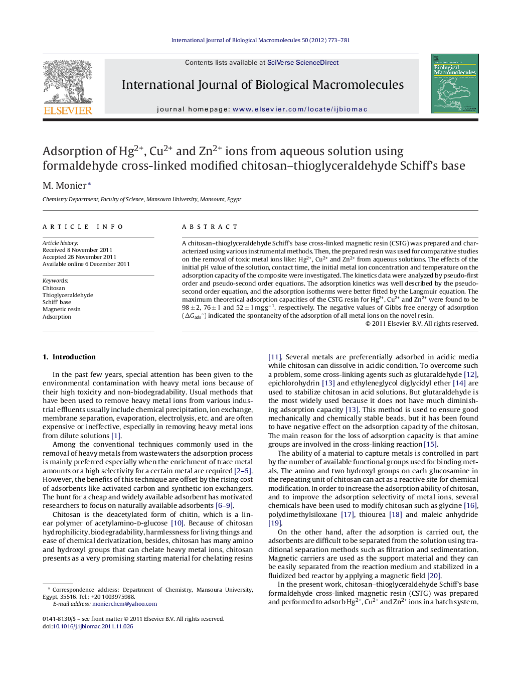 Adsorption of Hg2+, Cu2+ and Zn2+ ions from aqueous solution using formaldehyde cross-linked modified chitosan-thioglyceraldehyde Schiff's base