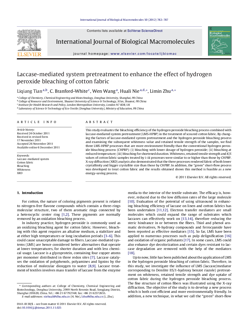 Laccase-mediated system pretreatment to enhance the effect of hydrogen peroxide bleaching of cotton fabric