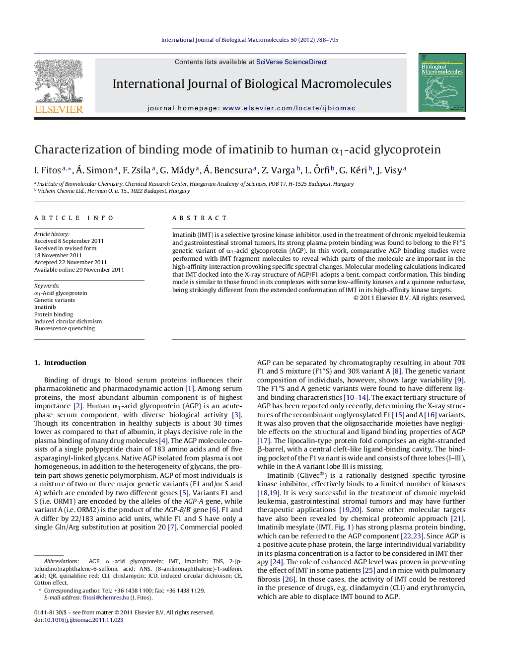 Characterization of binding mode of imatinib to human Î±1-acid glycoprotein