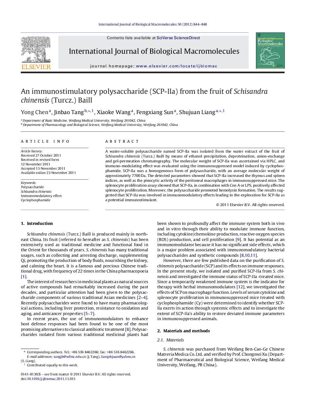 An immunostimulatory polysaccharide (SCP-IIa) from the fruit of Schisandra chinensis (Turcz.) Baill