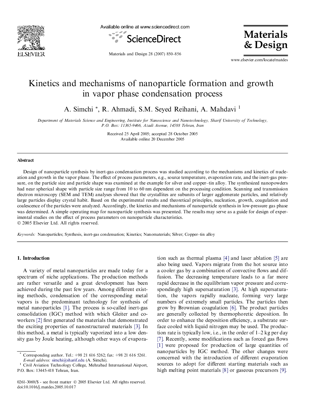 Kinetics and mechanisms of nanoparticle formation and growth in vapor phase condensation process