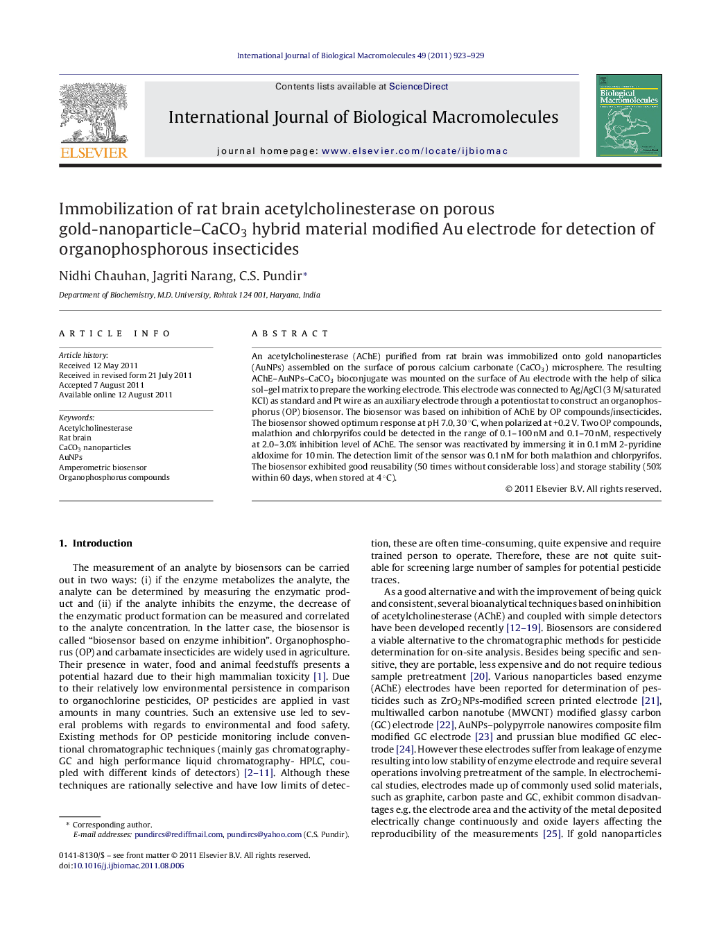 Immobilization of rat brain acetylcholinesterase on porous gold-nanoparticle-CaCO3 hybrid material modified Au electrode for detection of organophosphorous insecticides