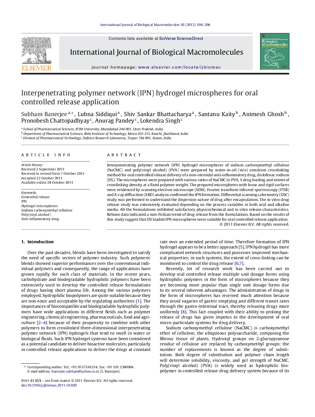 Interpenetrating polymer network (IPN) hydrogel microspheres for oral controlled release application