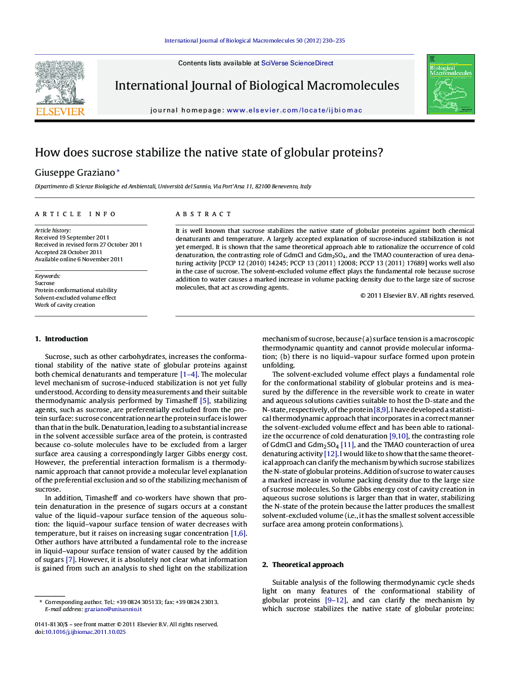 How does sucrose stabilize the native state of globular proteins?