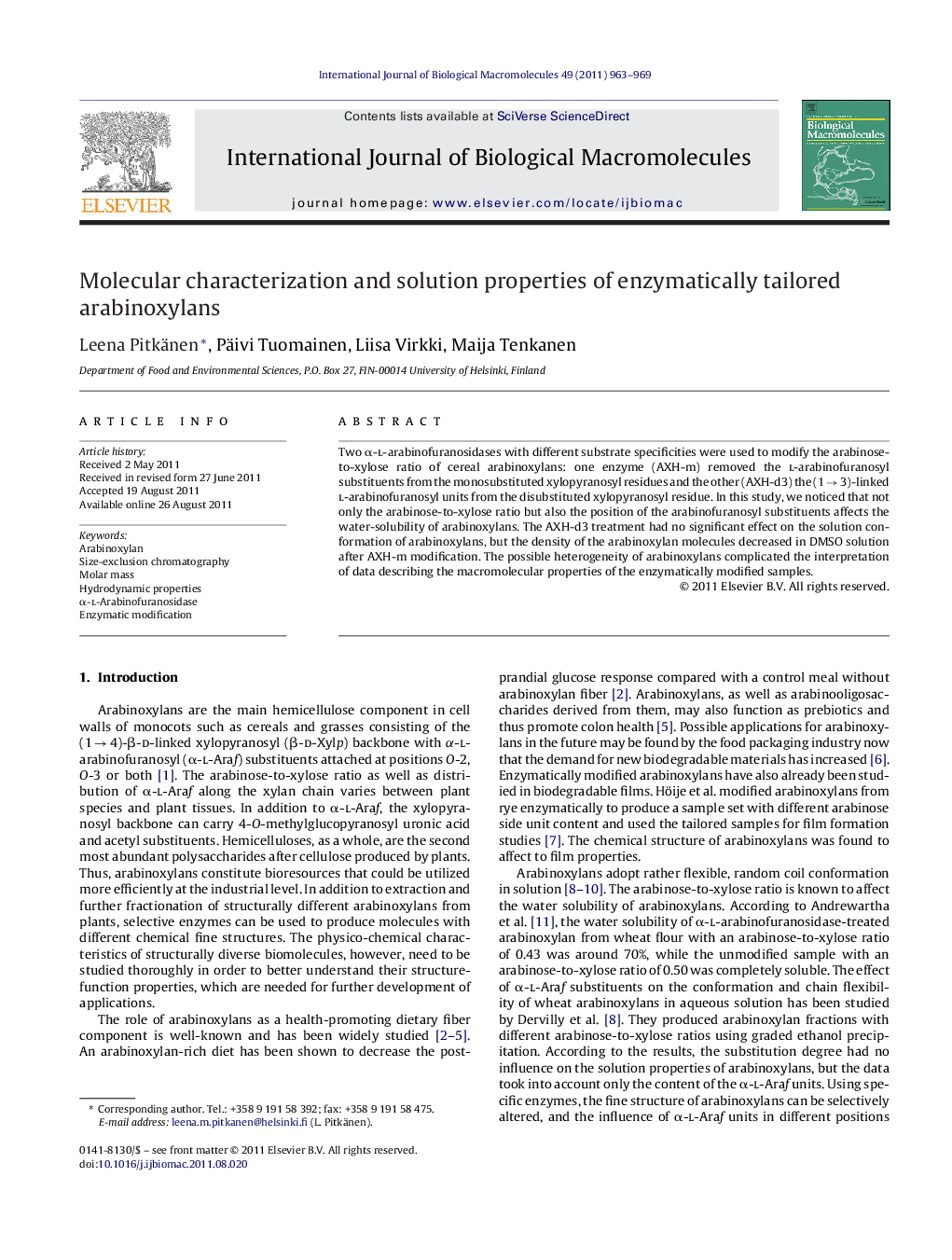 Molecular characterization and solution properties of enzymatically tailored arabinoxylans