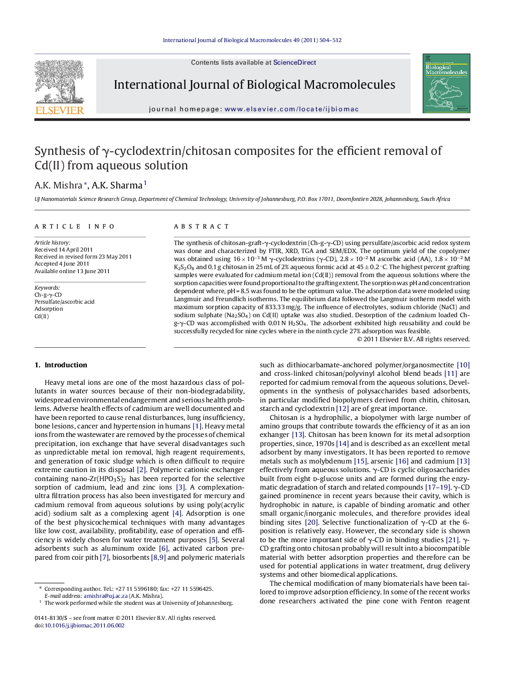 Synthesis of Î³-cyclodextrin/chitosan composites for the efficient removal of Cd(II) from aqueous solution