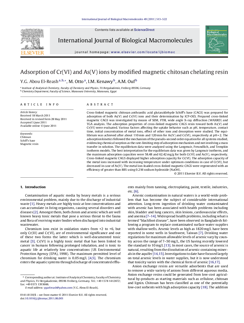 Adsorption of Cr(VI) and As(V) ions by modified magnetic chitosan chelating resin