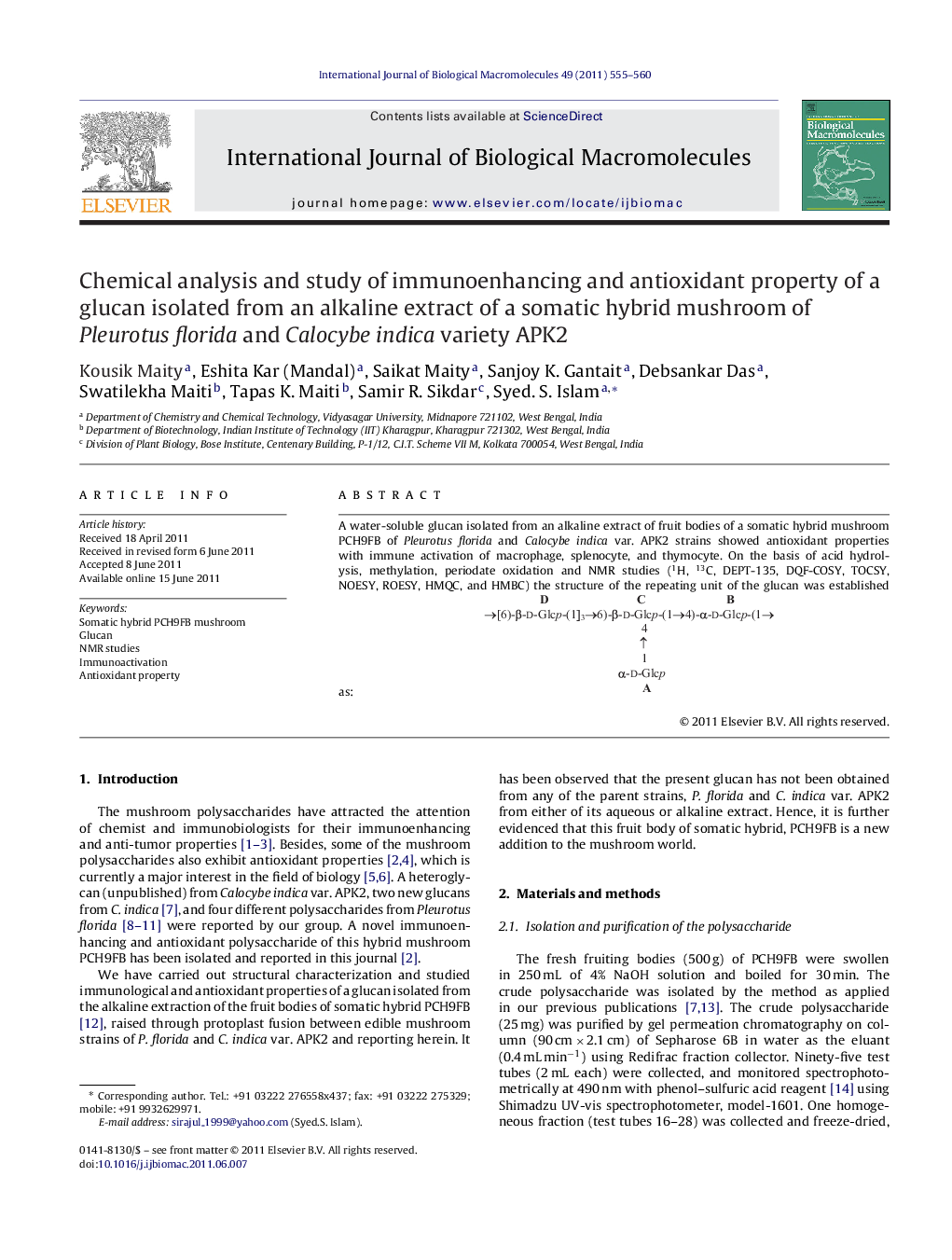 Chemical analysis and study of immunoenhancing and antioxidant property of a glucan isolated from an alkaline extract of a somatic hybrid mushroom of Pleurotus florida and Calocybe indica variety APK2