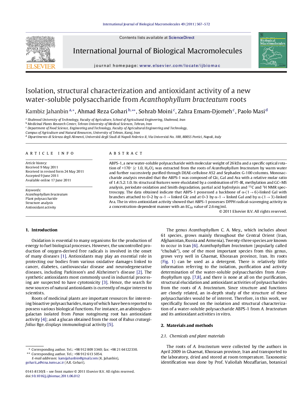 Isolation, structural characterization and antioxidant activity of a new water-soluble polysaccharide from Acanthophyllum bracteatum roots