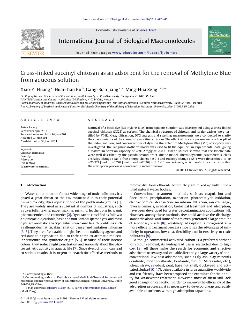 Cross-linked succinyl chitosan as an adsorbent for the removal of Methylene Blue from aqueous solution