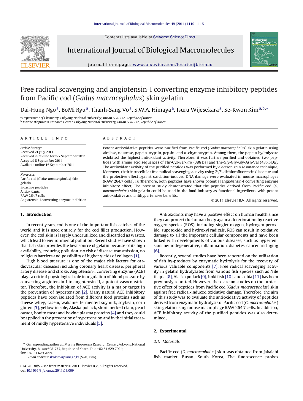 Free radical scavenging and angiotensin-I converting enzyme inhibitory peptides from Pacific cod (Gadus macrocephalus) skin gelatin