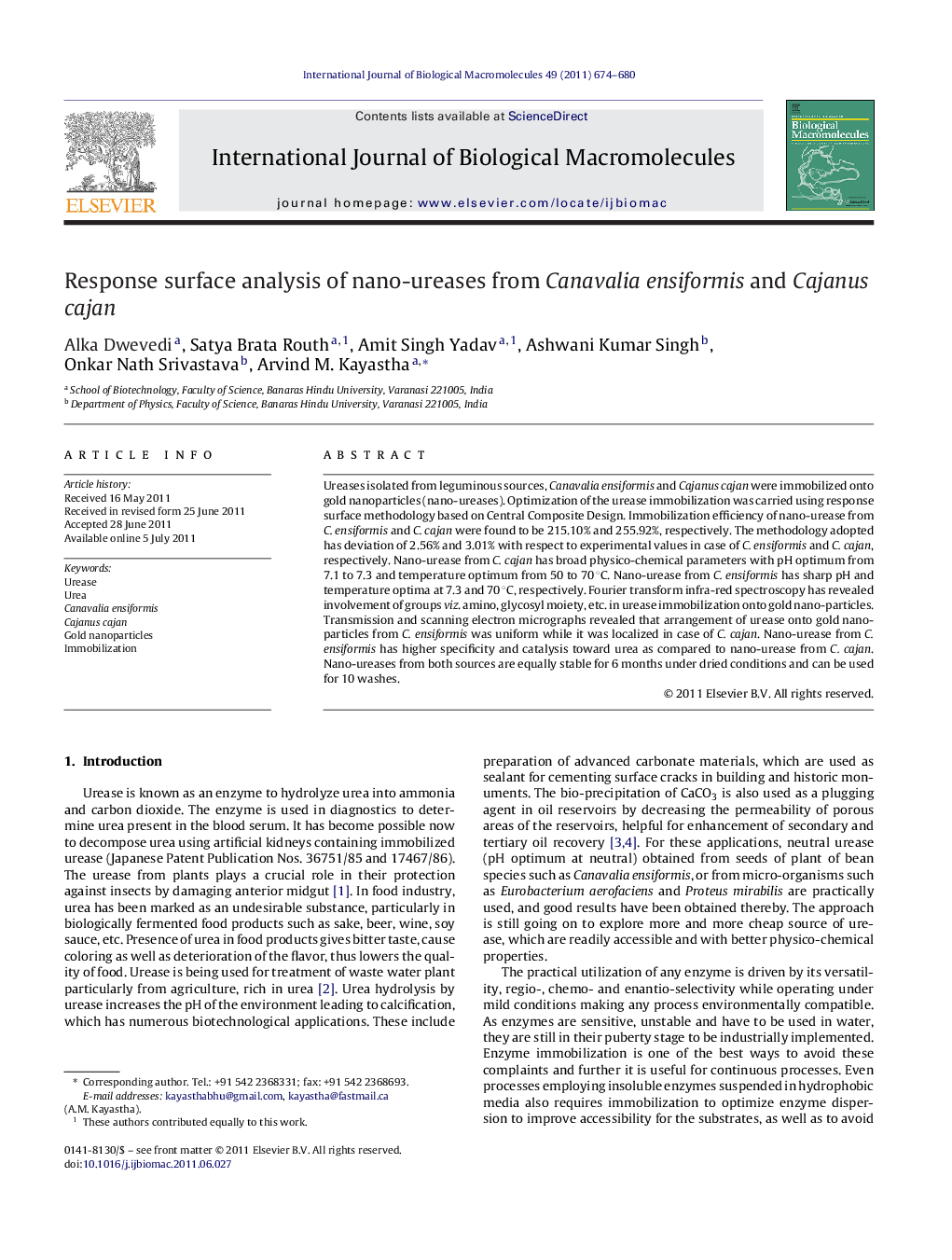 Response surface analysis of nano-ureases from Canavalia ensiformis and Cajanus cajan