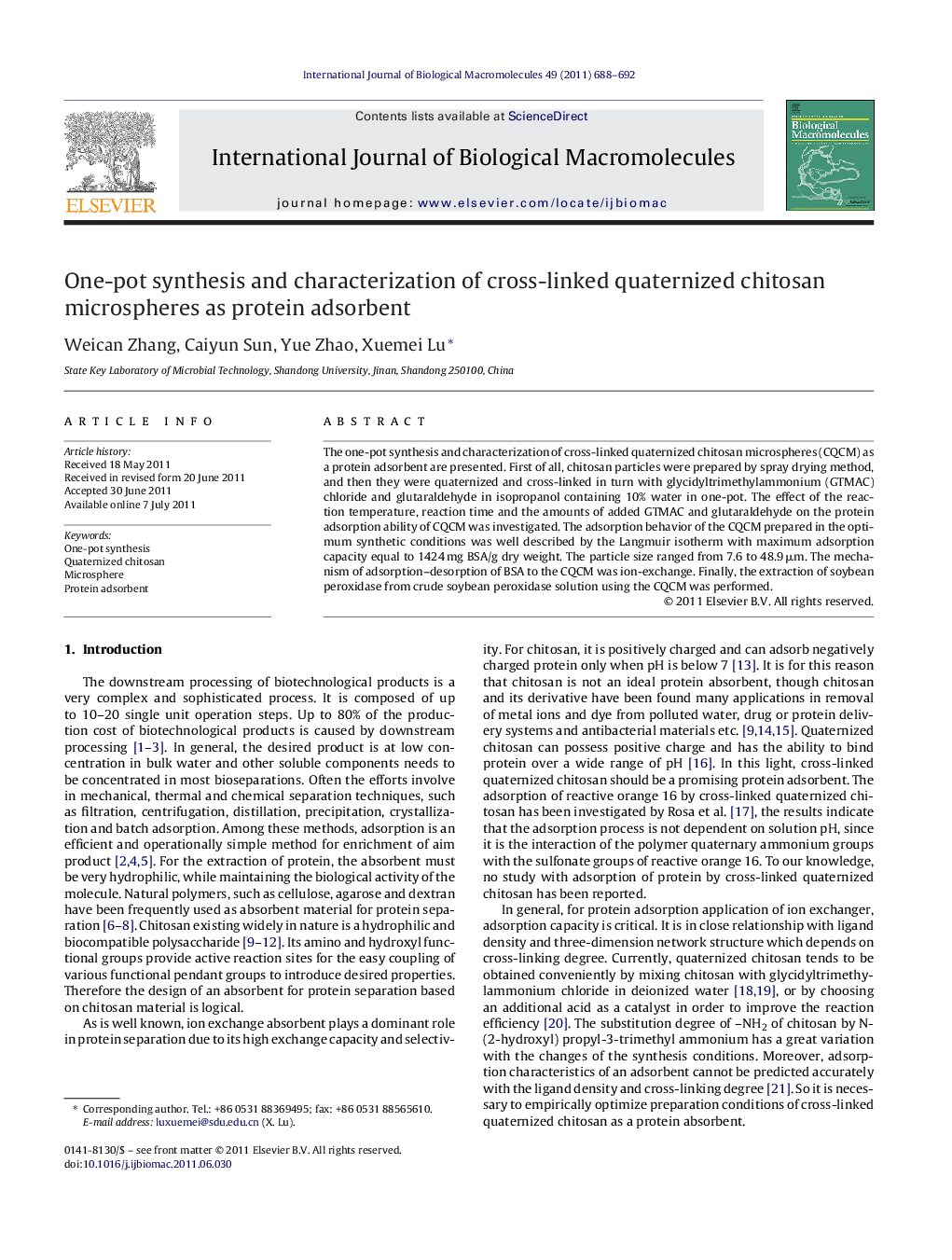 One-pot synthesis and characterization of cross-linked quaternized chitosan microspheres as protein adsorbent