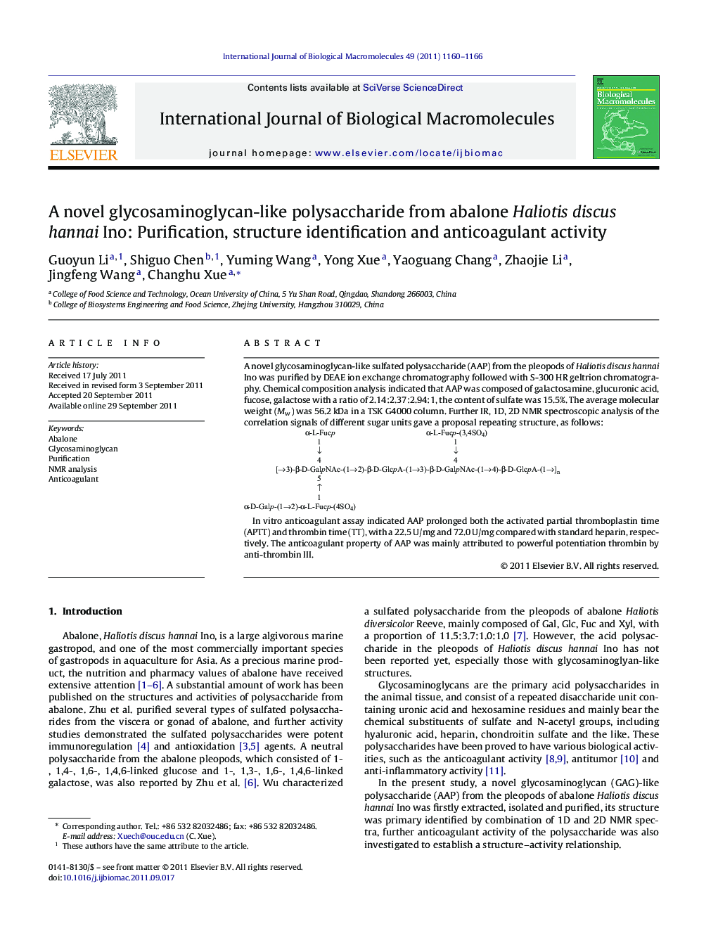 A novel glycosaminoglycan-like polysaccharide from abalone Haliotis discus hannai Ino: Purification, structure identification and anticoagulant activity