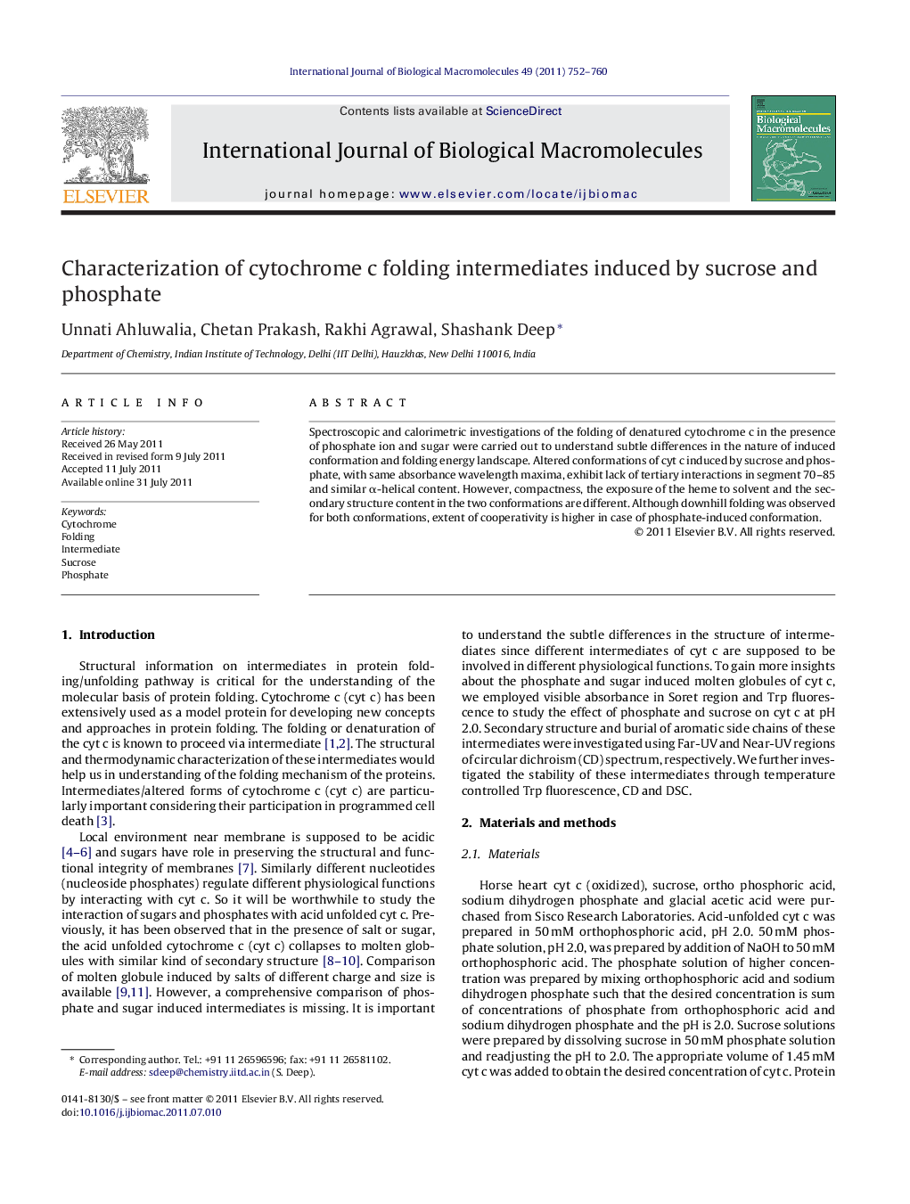 Characterization of cytochrome c folding intermediates induced by sucrose and phosphate