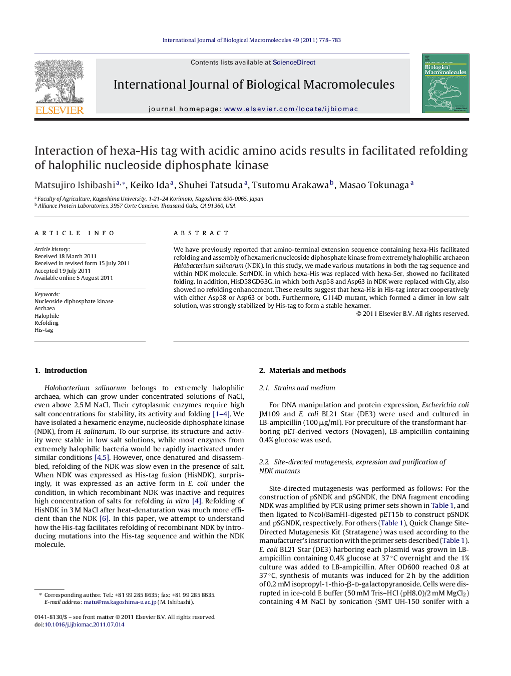 Interaction of hexa-His tag with acidic amino acids results in facilitated refolding of halophilic nucleoside diphosphate kinase