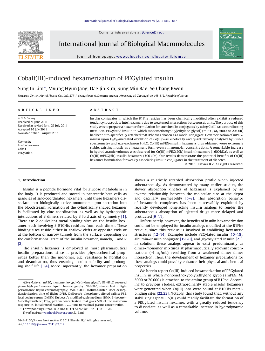 Cobalt(III)-induced hexamerization of PEGylated insulin