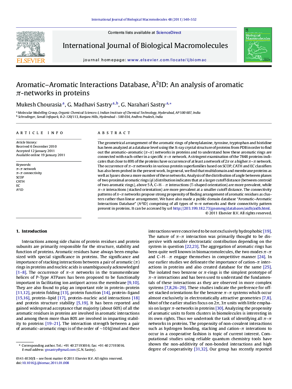 Aromatic-Aromatic Interactions Database, A2ID: An analysis of aromatic Ï-networks in proteins