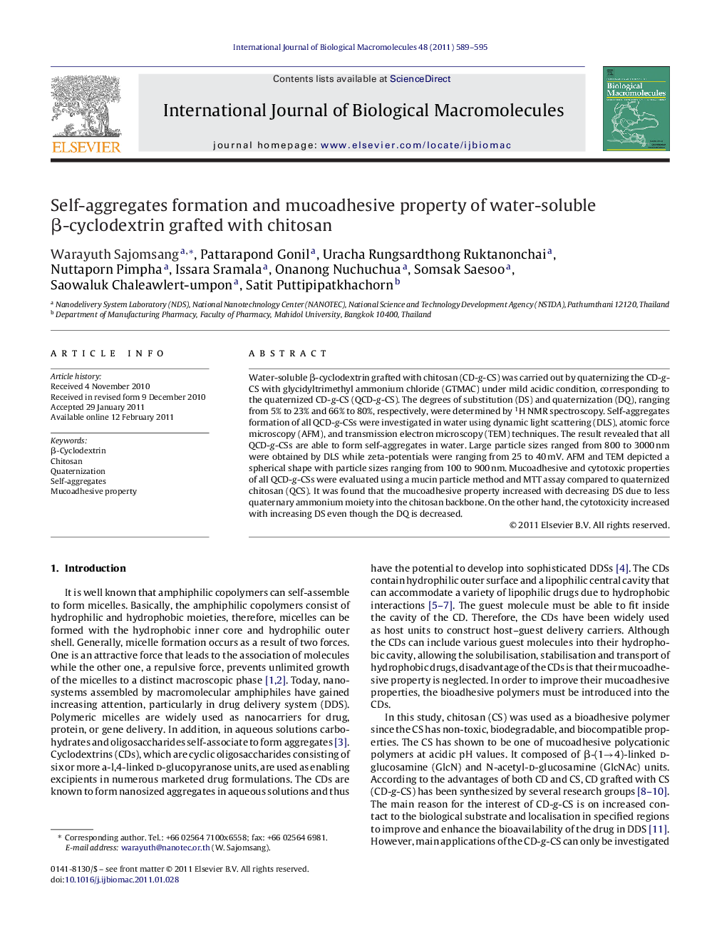 Self-aggregates formation and mucoadhesive property of water-soluble Î²-cyclodextrin grafted with chitosan