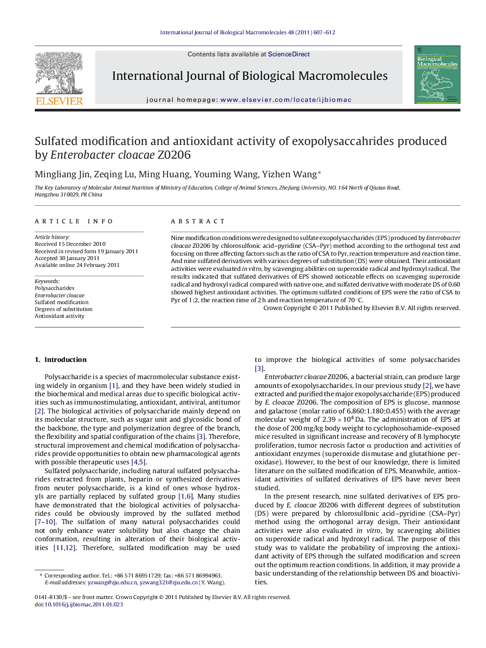 Sulfated modification and antioxidant activity of exopolysaccahrides produced by Enterobacter cloacae Z0206