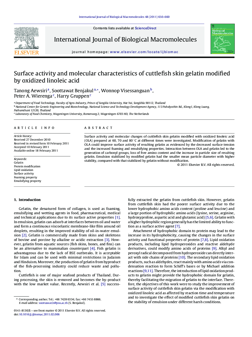 Surface activity and molecular characteristics of cuttlefish skin gelatin modified by oxidized linoleic acid