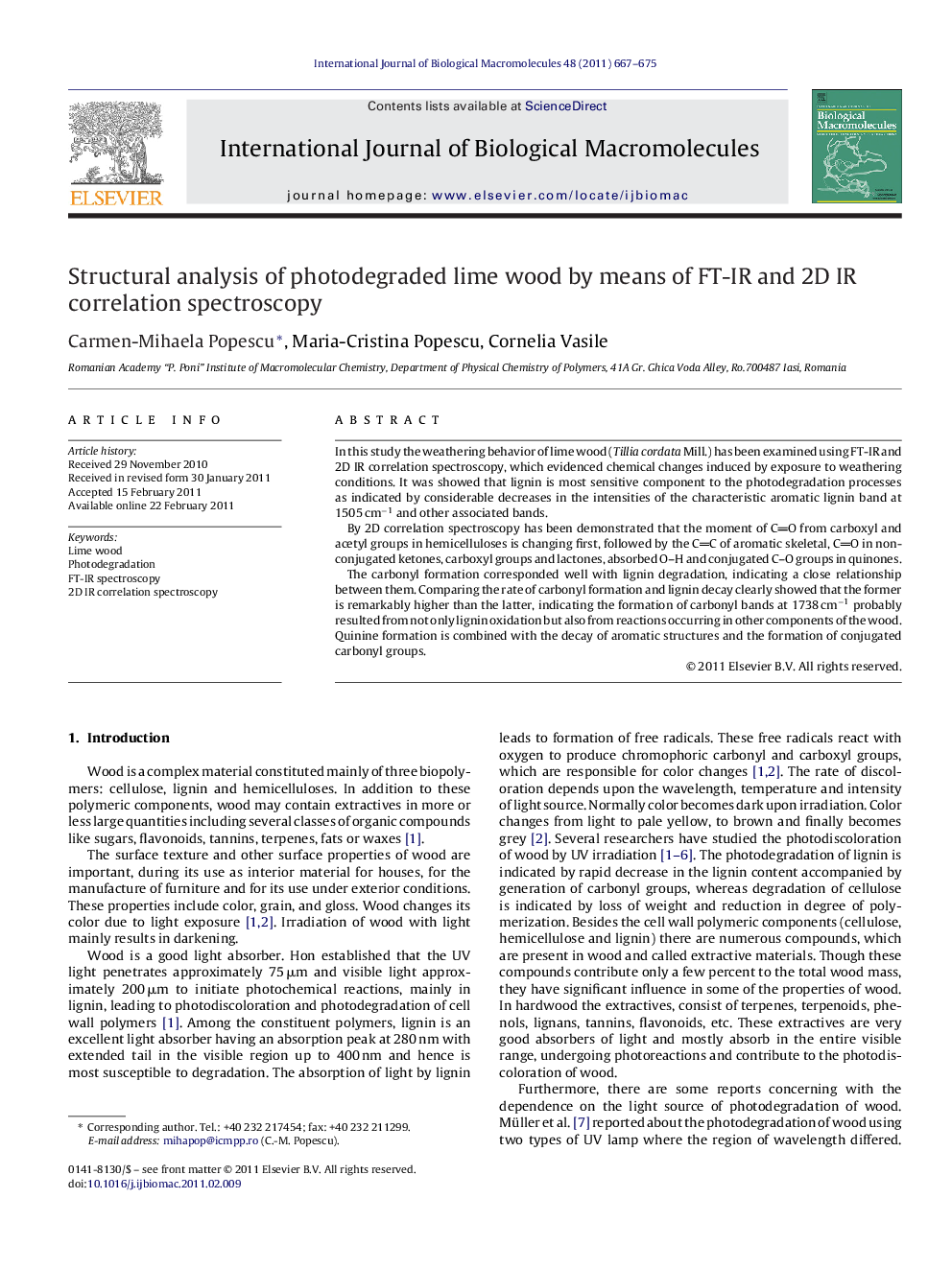 Structural analysis of photodegraded lime wood by means of FT-IR and 2D IR correlation spectroscopy