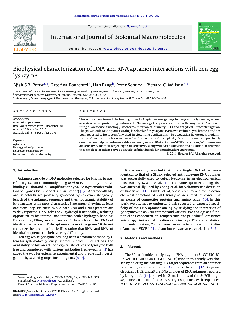 Biophysical characterization of DNA and RNA aptamer interactions with hen egg lysozyme