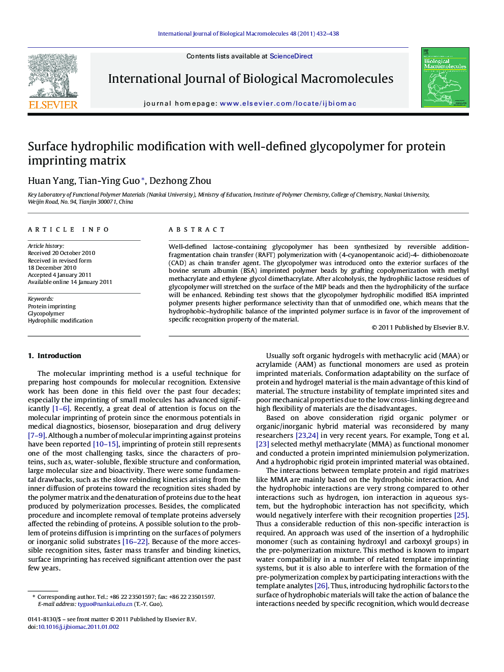 Surface hydrophilic modification with well-defined glycopolymer for protein imprinting matrix