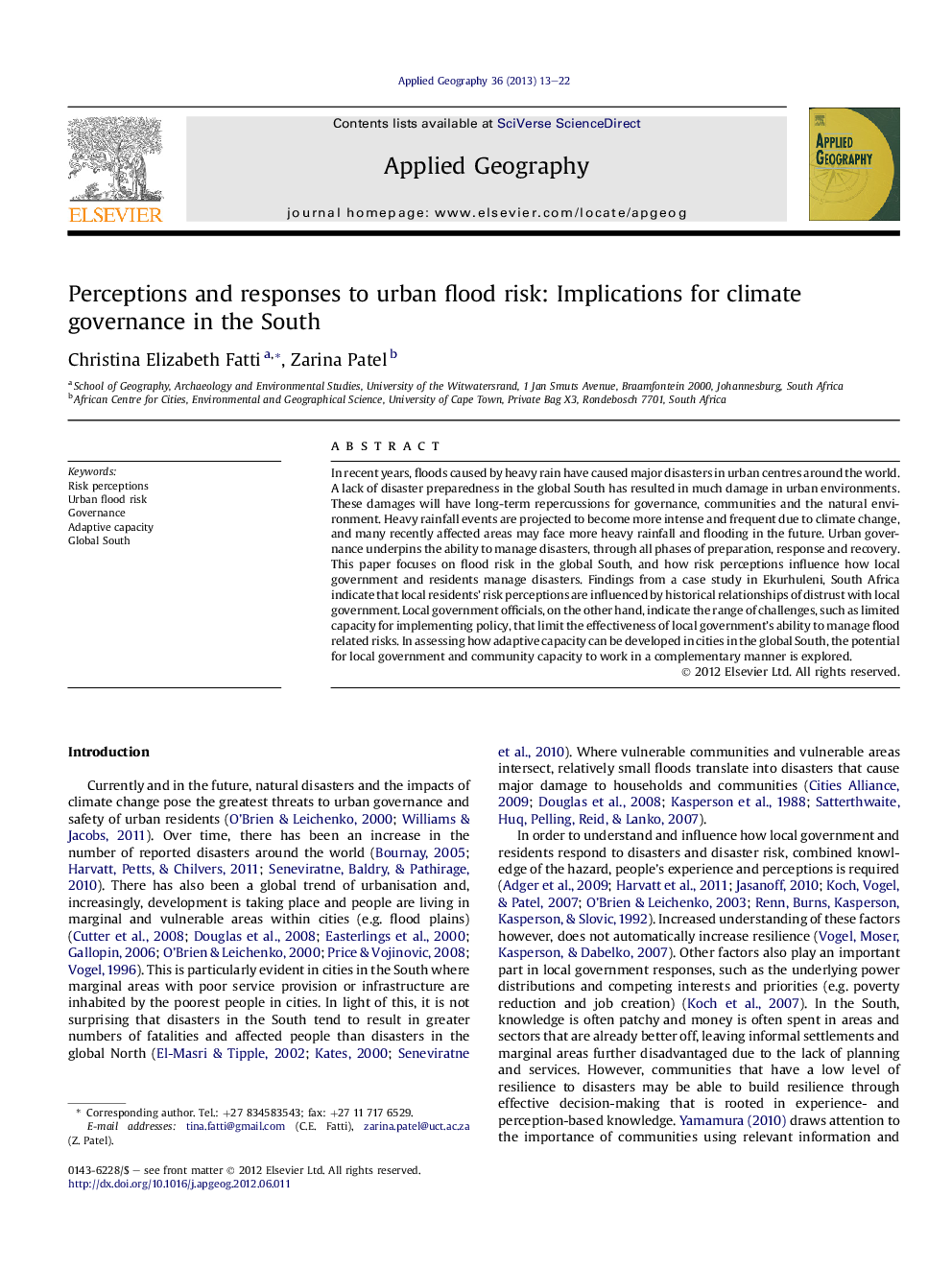 Perceptions and responses to urban flood risk: Implications for climate governance in the South