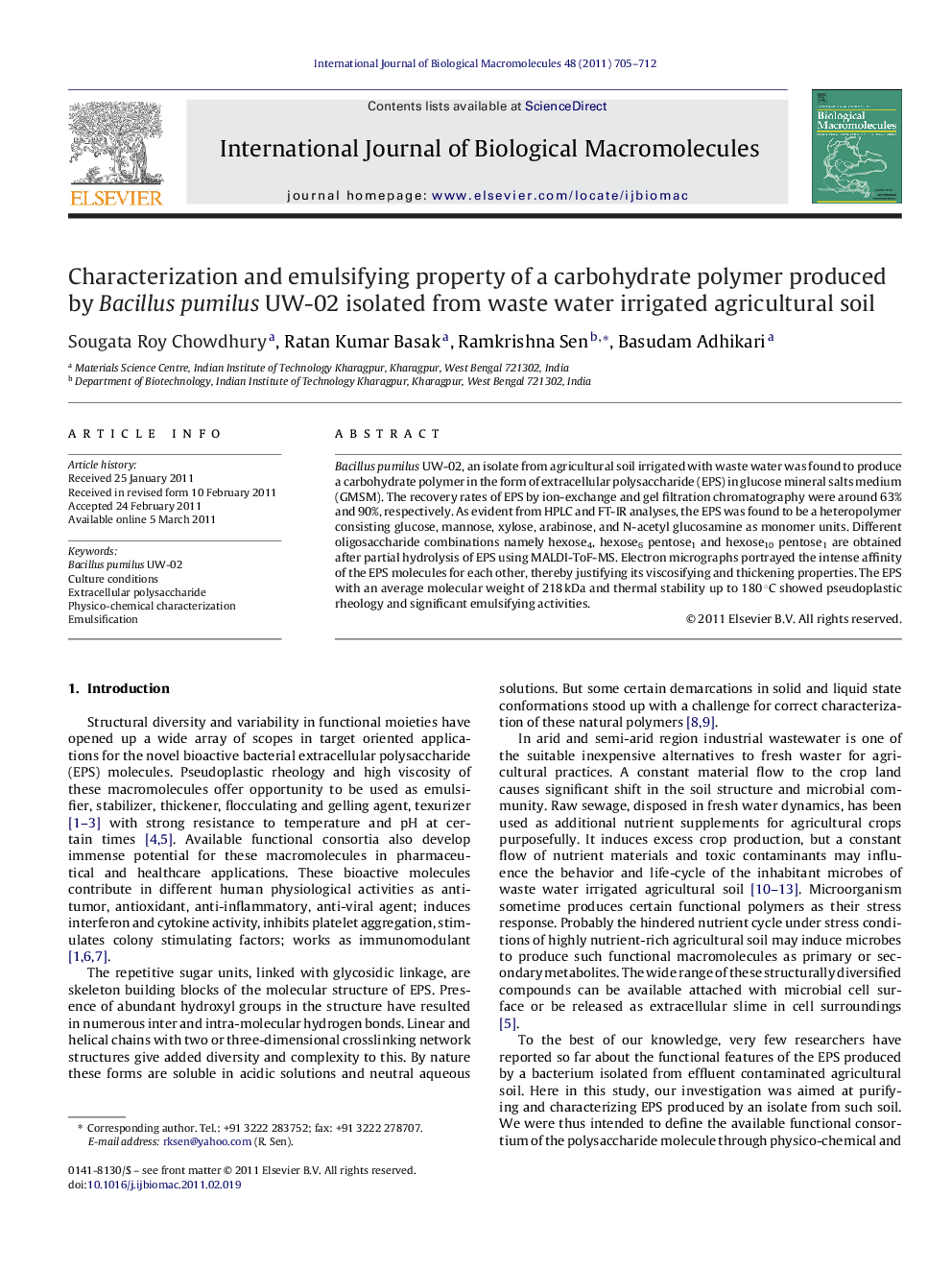 Characterization and emulsifying property of a carbohydrate polymer produced by Bacillus pumilus UW-02 isolated from waste water irrigated agricultural soil