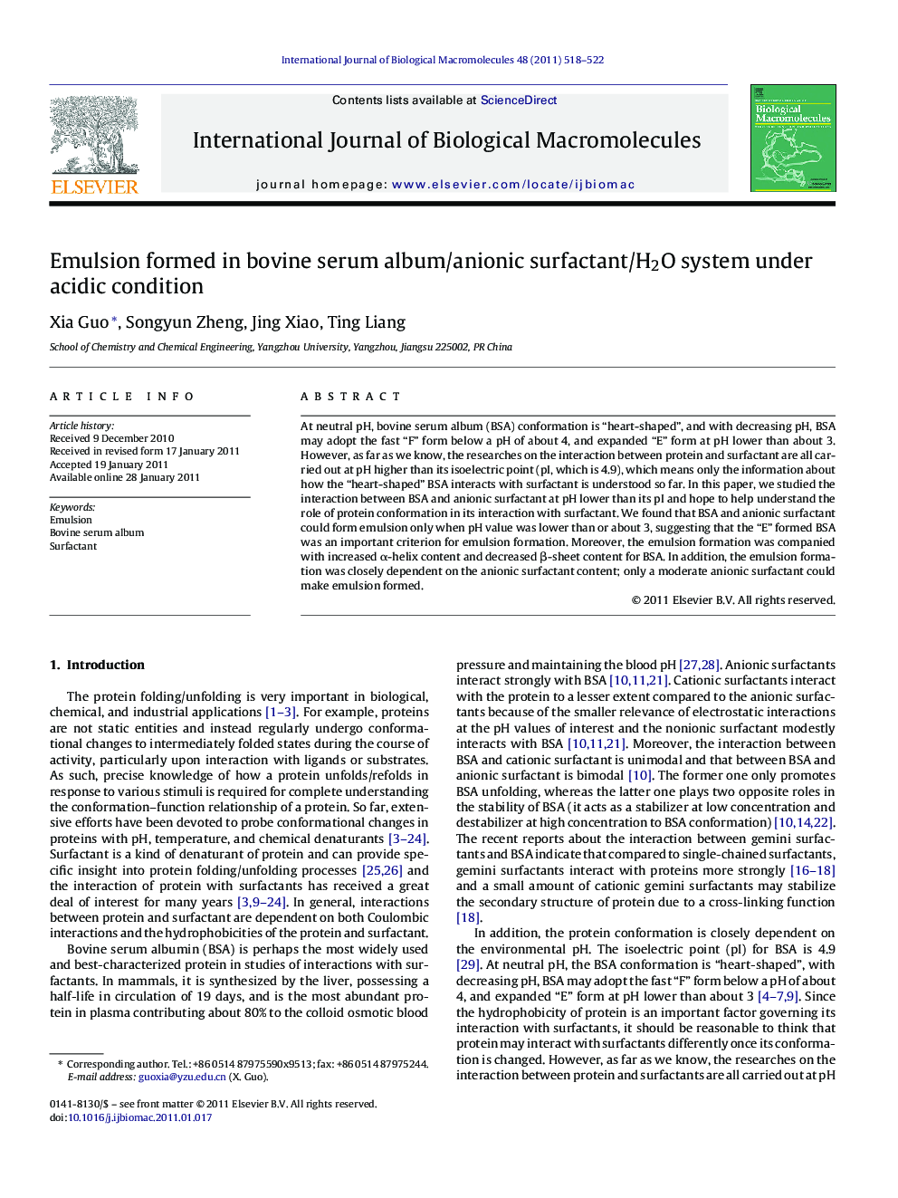 Emulsion formed in bovine serum album/anionic surfactant/H2O system under acidic condition