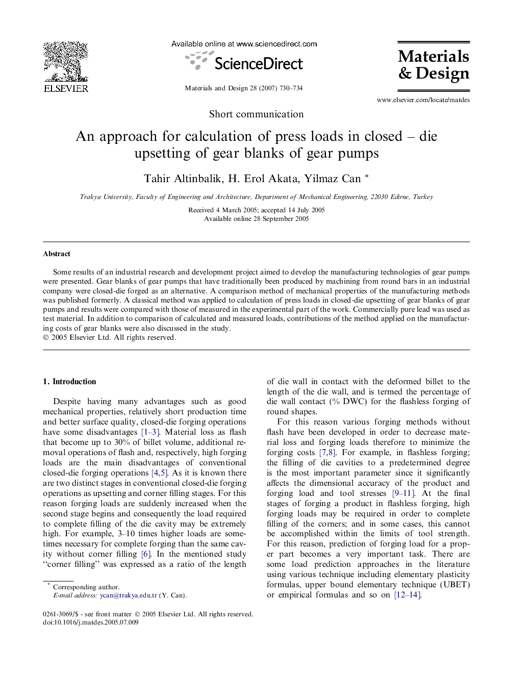 An approach for calculation of press loads in closed – die upsetting of gear blanks of gear pumps