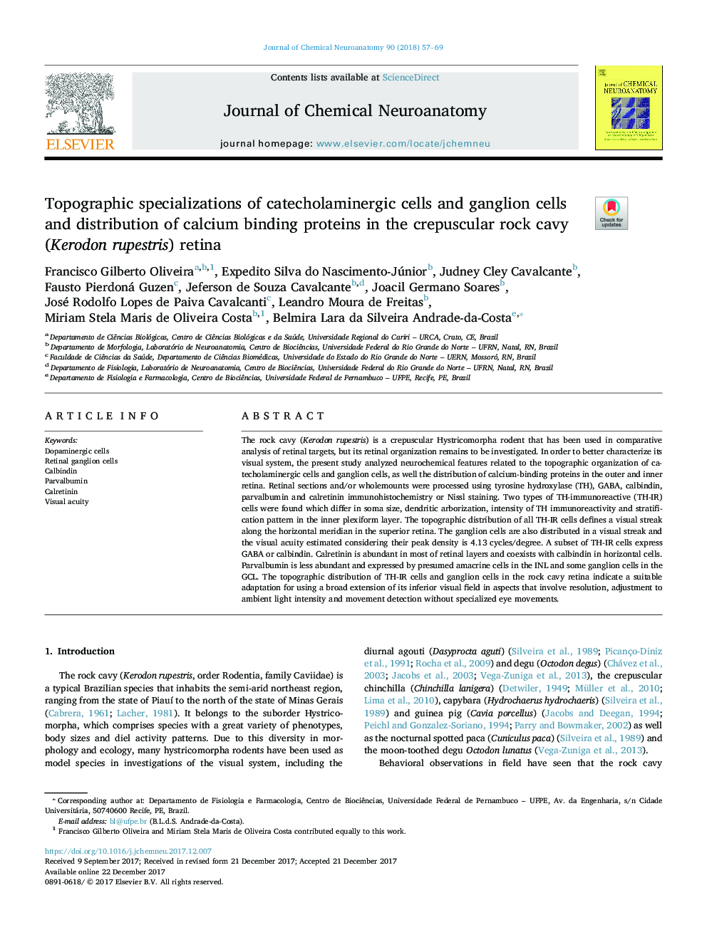 Topographic specializations of catecholaminergic cells and ganglion cells and distribution of calcium binding proteins in the crepuscular rock cavy (Kerodon rupestris) retina