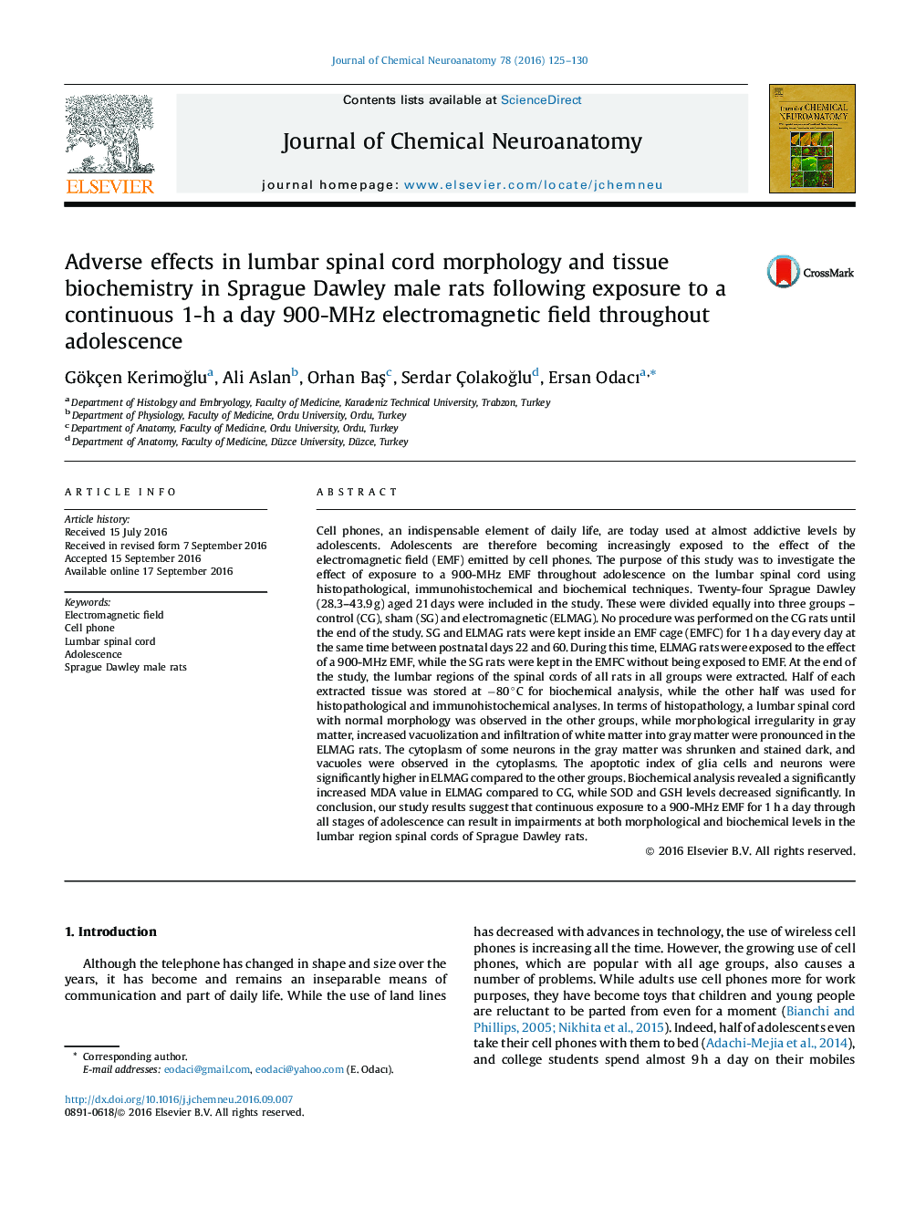 Adverse effects in lumbar spinal cord morphology and tissue biochemistry in Sprague Dawley male rats following exposure to a continuous 1-h a day 900-MHz electromagnetic field throughout adolescence