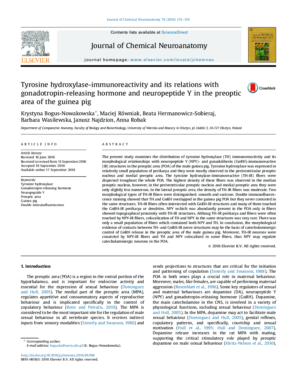 Tyrosine hydroxylase-immunoreactivity and its relations with gonadotropin-releasing hormone and neuropeptide Y in the preoptic area of the guinea pig