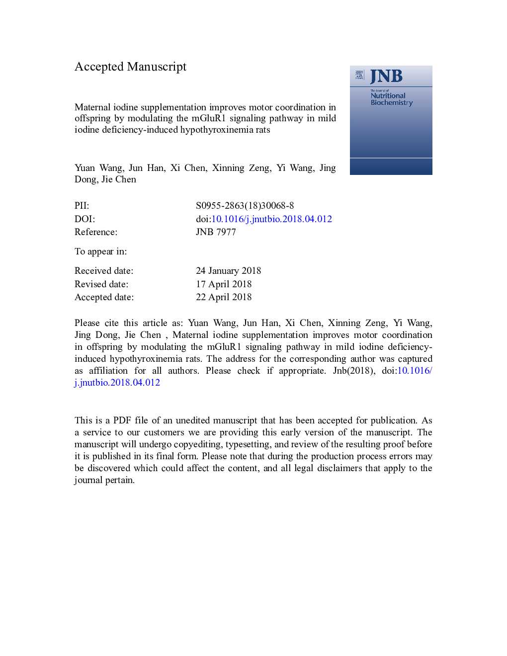 Maternal iodine supplementation improves motor coordination in offspring by modulating the mGluR1 signaling pathway in mild iodine deficiency-induced hypothyroxinemia rats