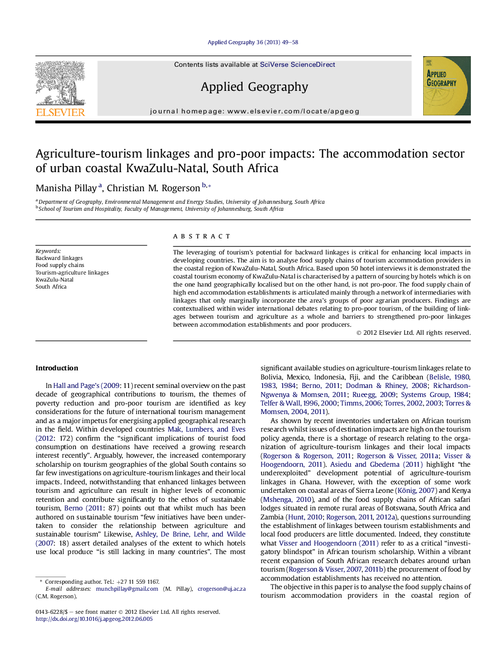 عکس صفحه اول مقاله: Agriculture-tourism linkages and pro-poor impacts: The accommodation sector of urban coastal KwaZulu-Natal, South Africa Agriculture-tourism linkages and pro-poor impacts: The accommodation sector of urban coastal KwaZulu-Natal, South Africa