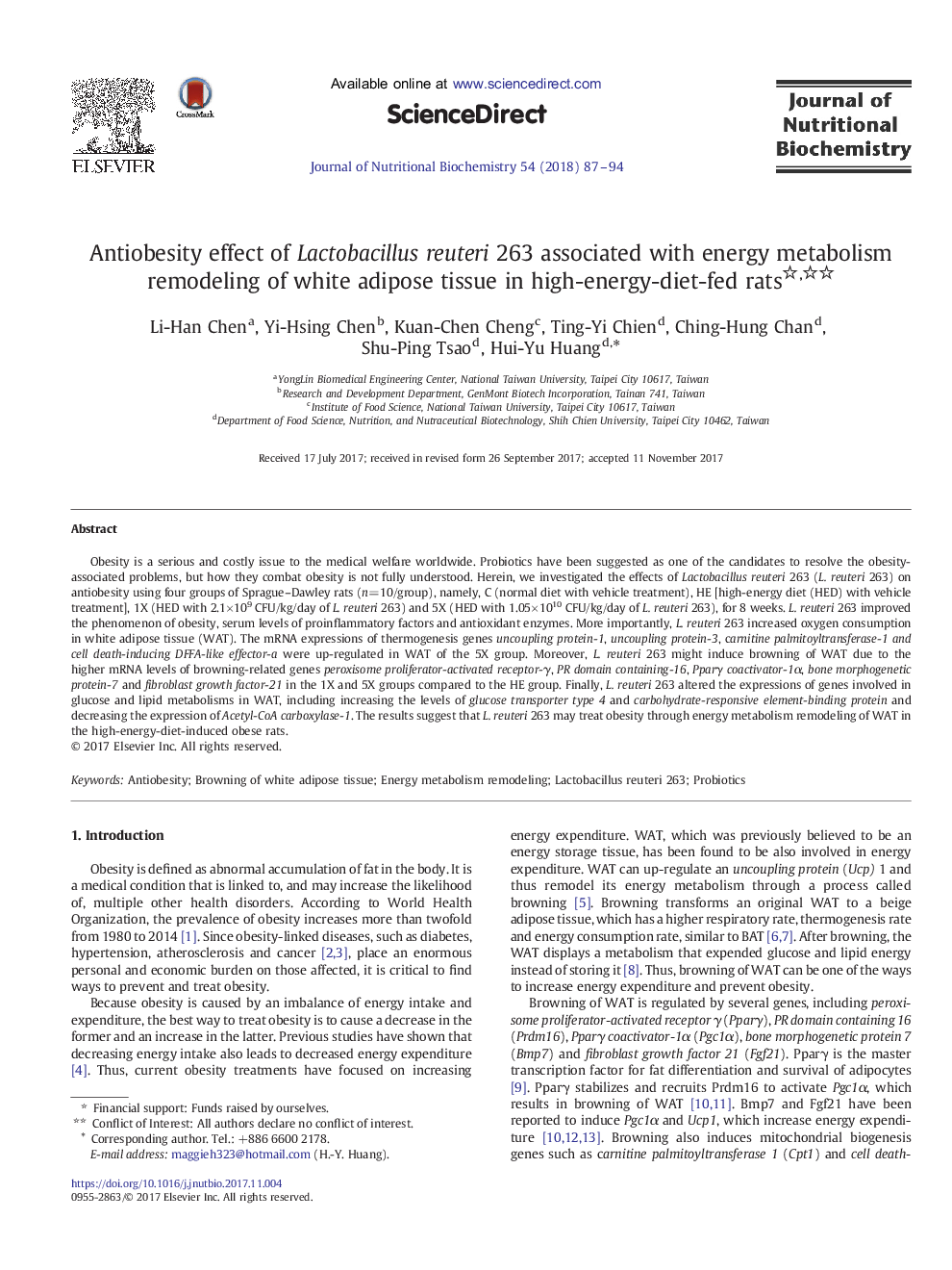 Antiobesity effect of Lactobacillus reuteri 263 associated with energy metabolism remodeling of white adipose tissue in high-energy-diet-fed rats