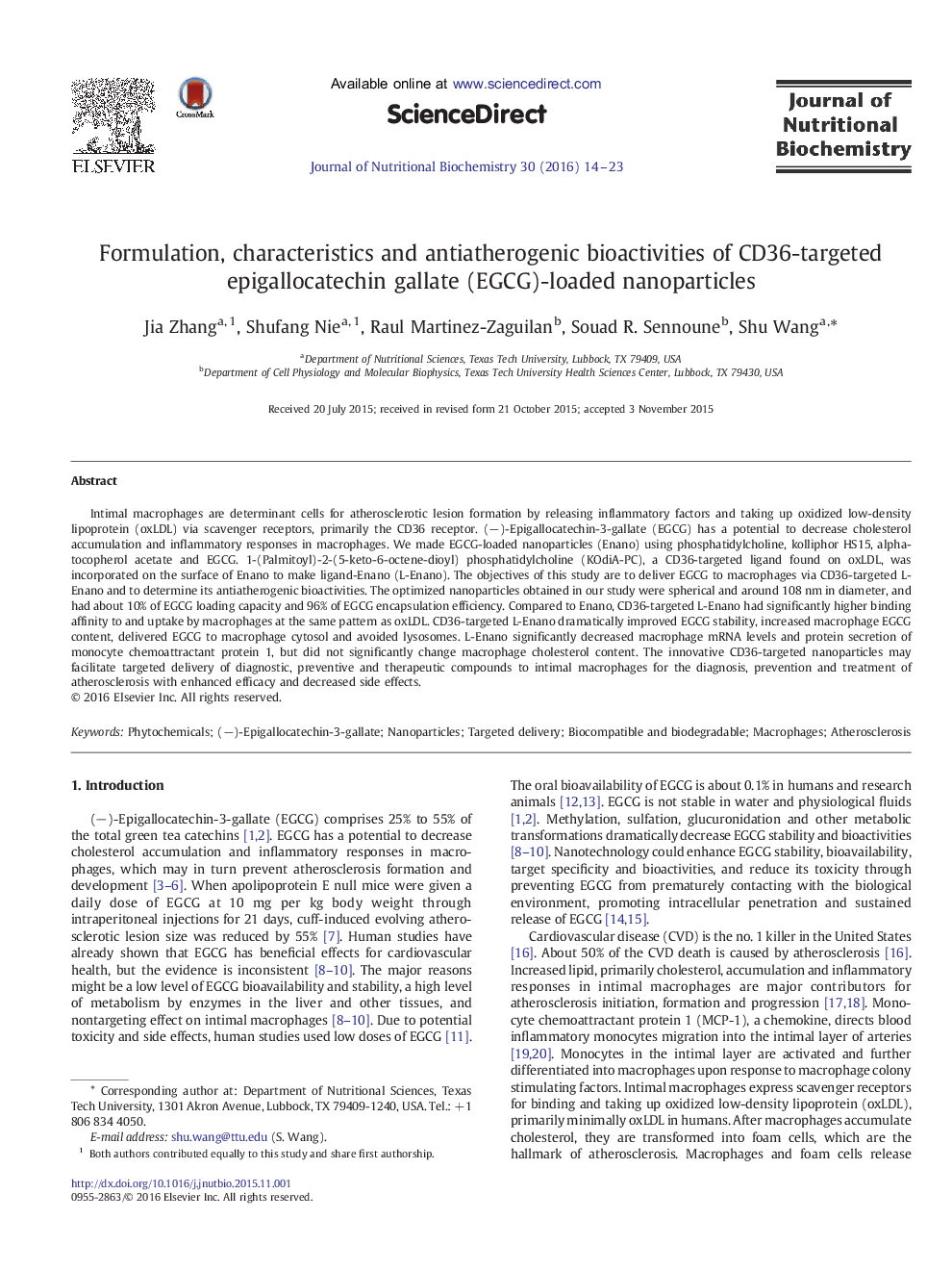 Formulation, characteristics and antiatherogenic bioactivities of CD36-targeted epigallocatechin gallate (EGCG)-loaded nanoparticles