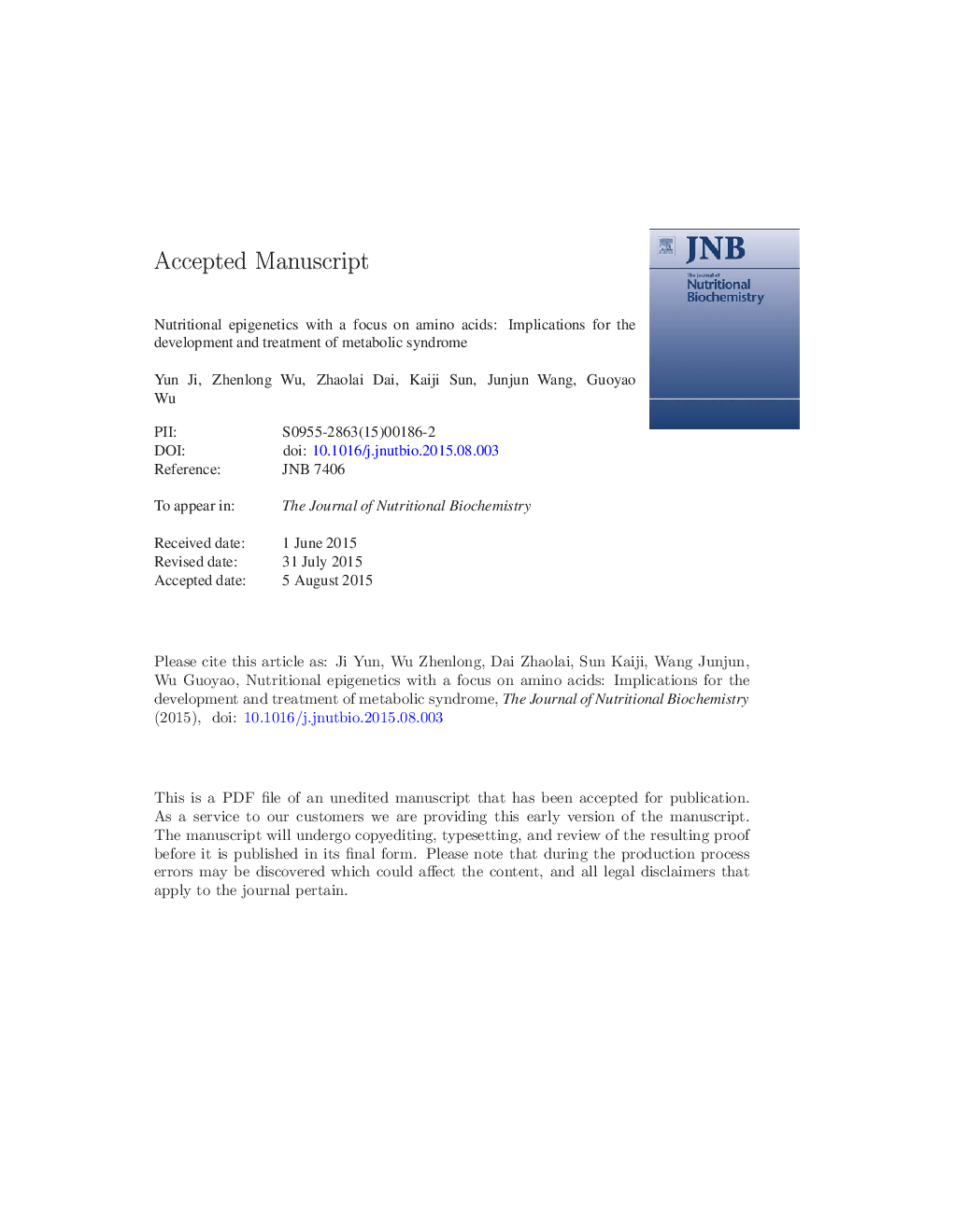 Nutritional epigenetics with a focus on amino acids: implications for the development and treatment of metabolic syndrome