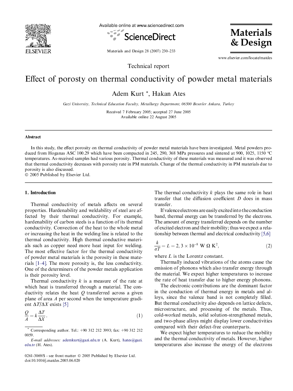 Effect of porosty on thermal conductivity of powder metal materials