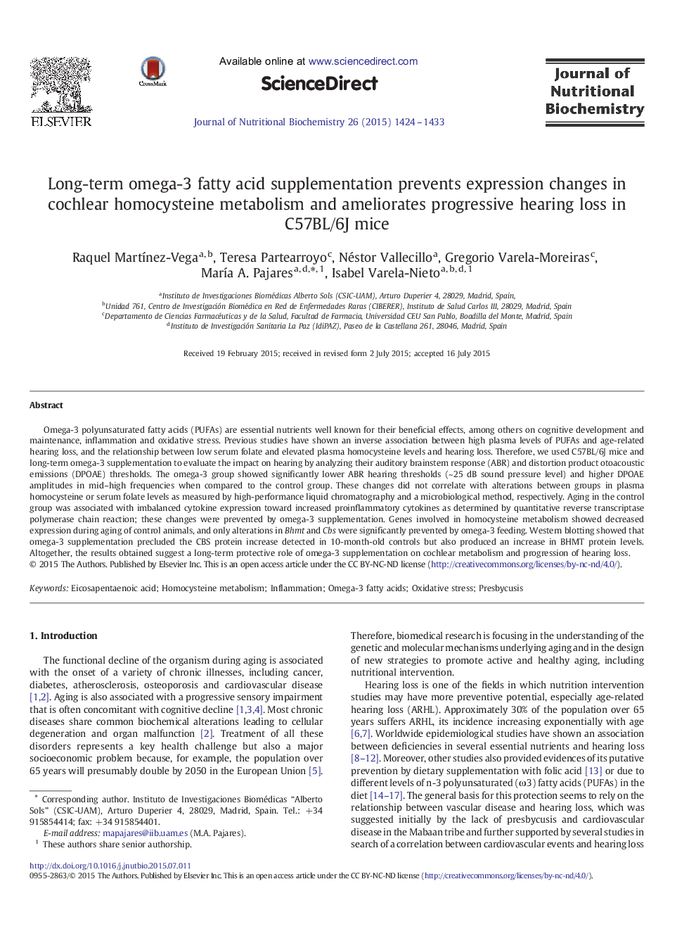 Long-term omega-3 fatty acid supplementation prevents expression changes in cochlear homocysteine metabolism and ameliorates progressive hearing loss in C57BL/6J mice