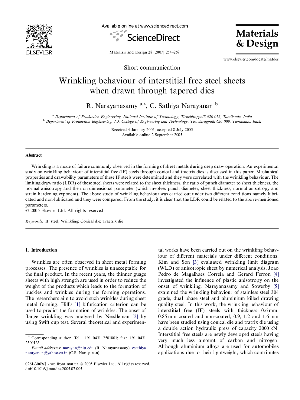 Wrinkling behaviour of interstitial free steel sheets when drawn through tapered dies