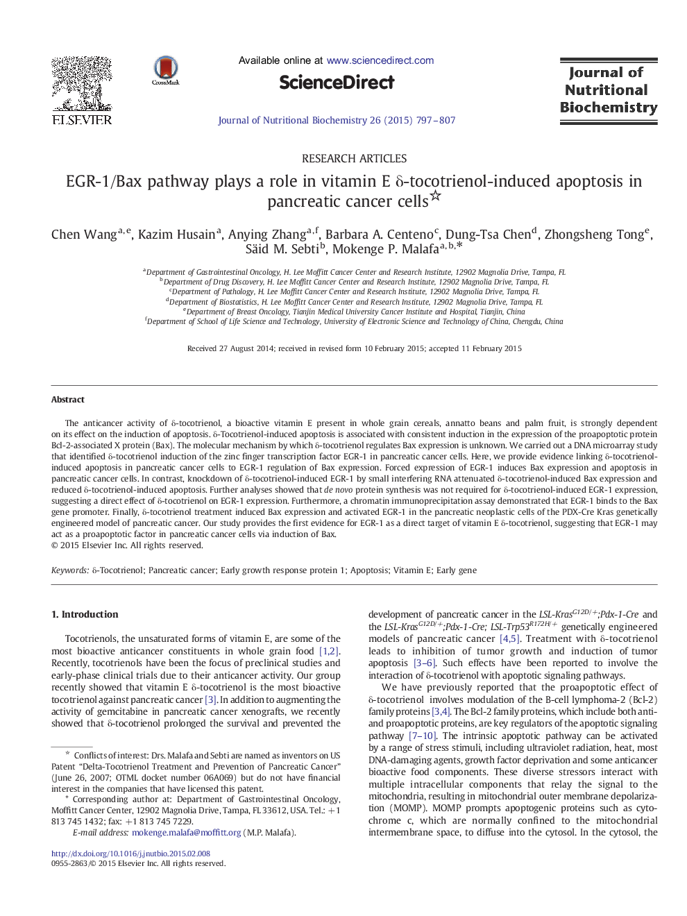 EGR-1/Bax pathway plays a role in vitamin E Î´-tocotrienol-induced apoptosis in pancreatic cancer cells