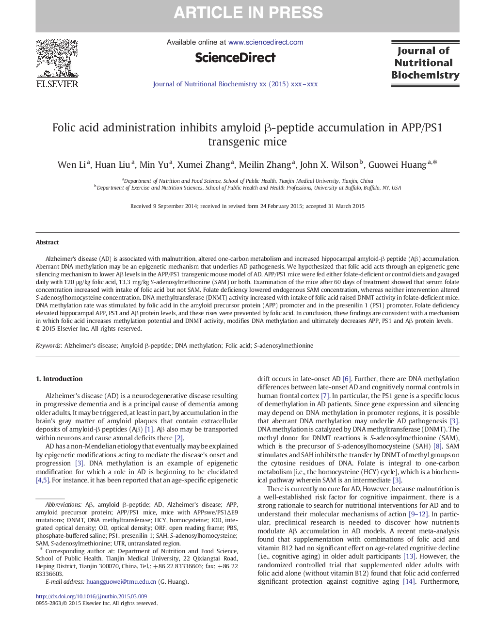 Folic acid administration inhibits amyloid Î²-peptide accumulation in APP/PS1 transgenic mice